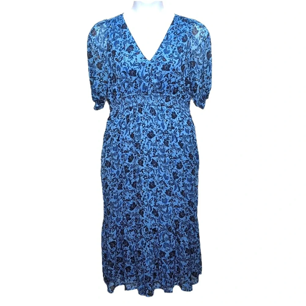 Old Navy Smocked Midi Dress Womens L Blue Floral Sheer Short Sleeve Boho Cottage